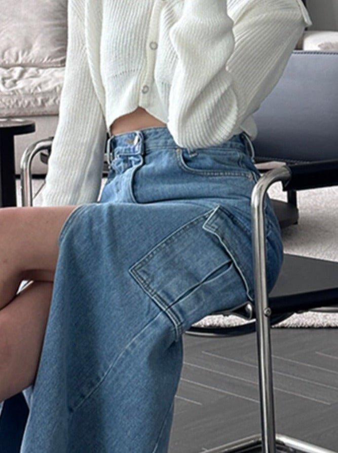 KittenAlarm - Cargo Jeans Skirt for Women High Waisted Side Pockets Split Fashion Midi Skirt Vintage Casual Streetwear Y2k Skirts