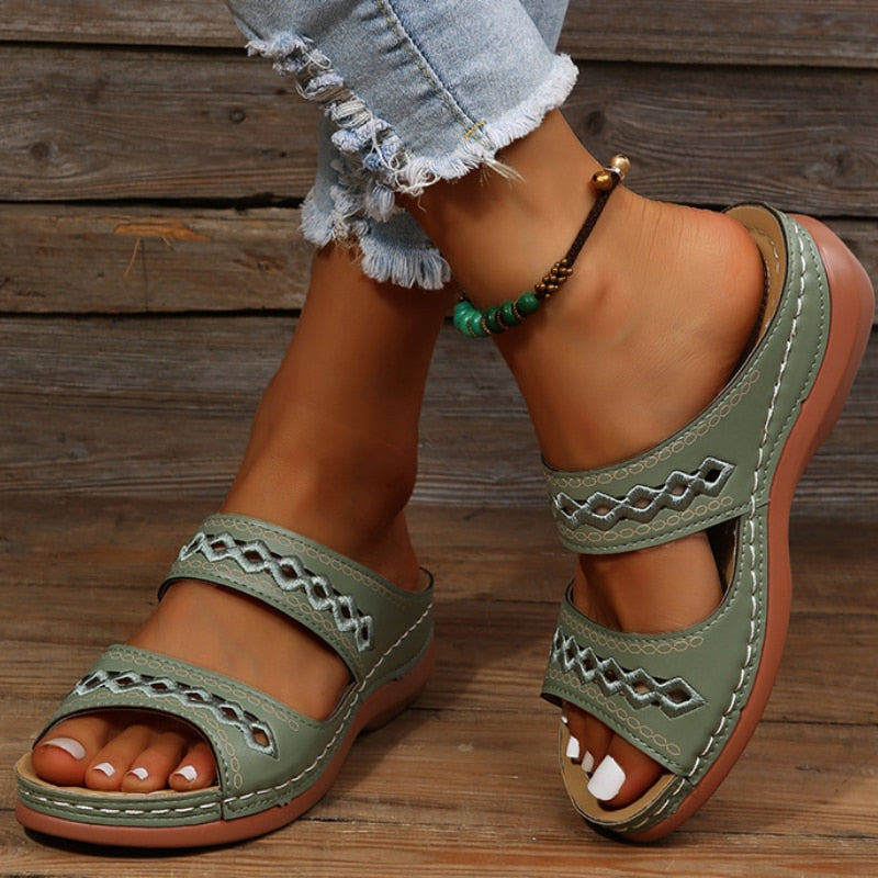 Peep Toe Cutout Double Band Wedge Slide Sandals