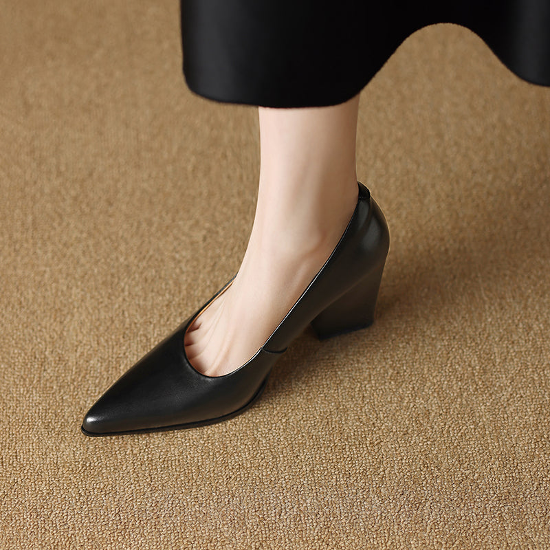 Pointed Toe Block Heel Slip On Leather Look Pumps