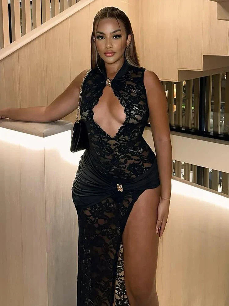Sheer Floral Lace Stand Collar Keyhole Cut Out High Split Bodycon Maxi Gown