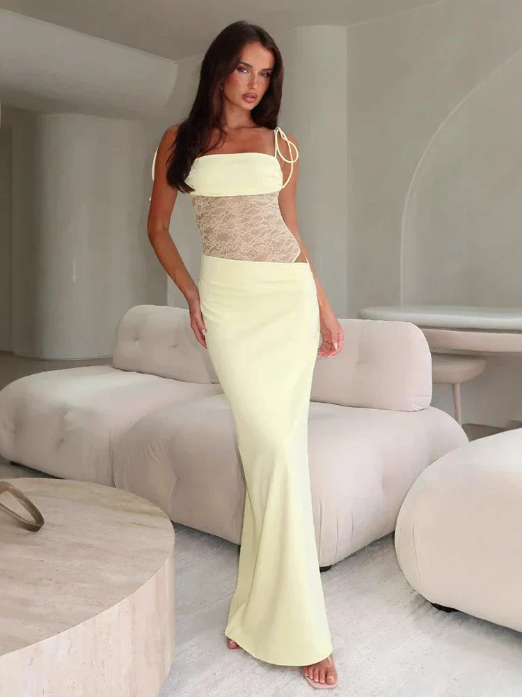 Sheer Lace Waist Panel Tie Shoulder Strap Mermaid Maxi Dress