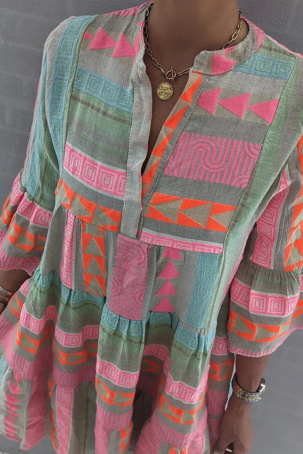 Geometric Print V-Neck Tiered Tunic Dress