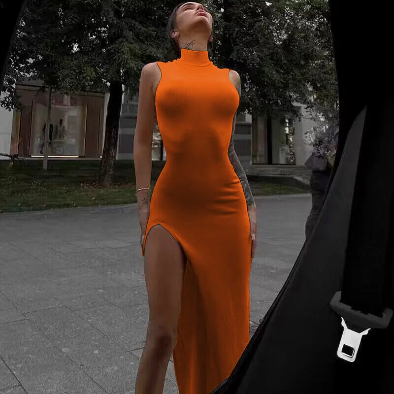 Ribbed Knit Turtleneck Sleeveless High Split Bodycon Maxi Dress
