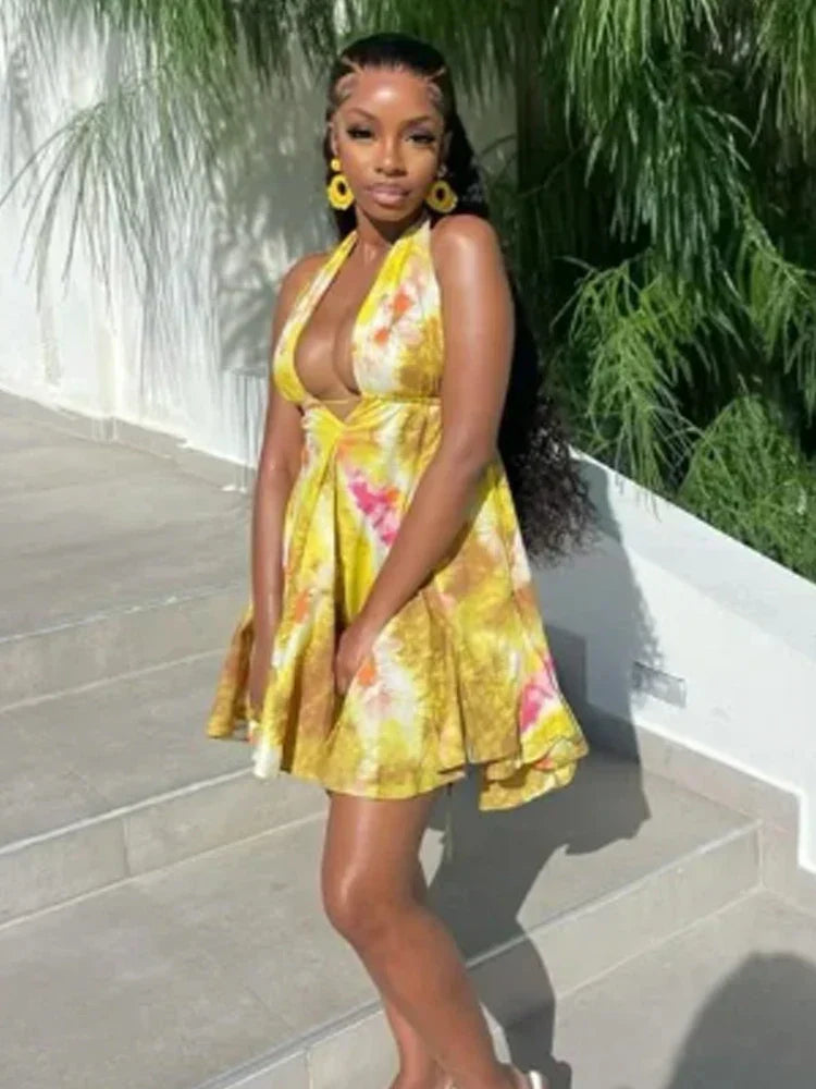 Halter Tie Dye Ruffle Hem Bandage Mini Dress