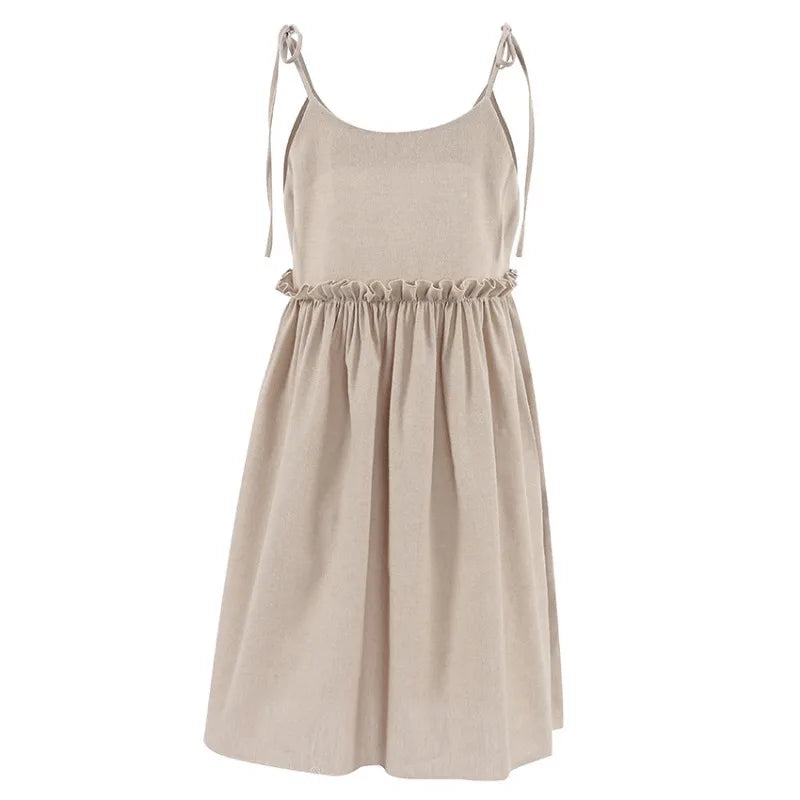 Tie Strap Scoop Neck Gathered Empire Waist Flared Babydoll Mini Dress