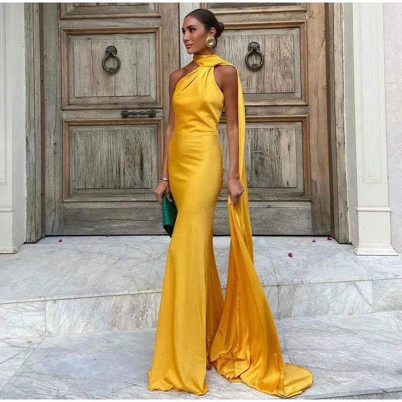 Yellow Satin Backless Lace - Up Off - Shoulder Maxi Dress