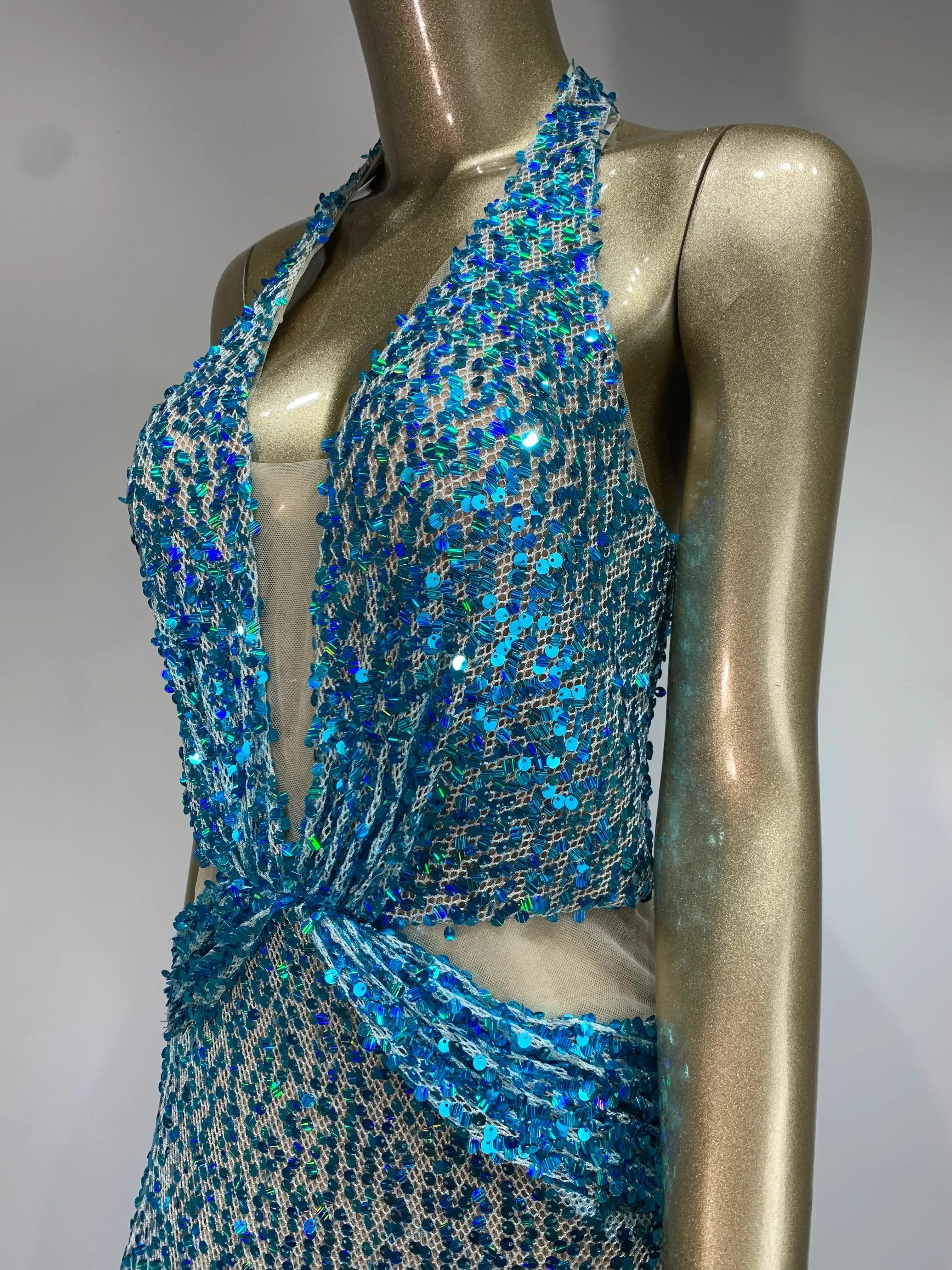 Sequin Halter Neck Deep V-Neck Cut Out Sheer Mermaid Gown