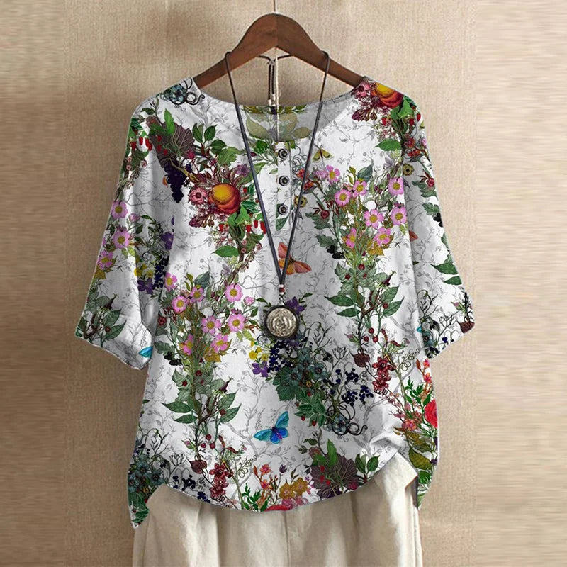 Round Neck Half Sleeve Floral Button Blouse
