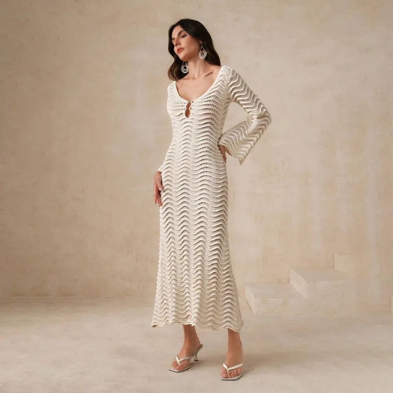 Open Knit Bell Sleeve Keyhole Metal Bar Back Tie Maxi Dress