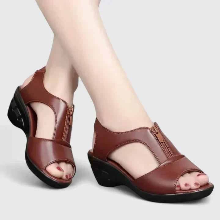 Open Toe T-Strap Zip Wedge Sandals