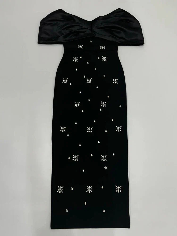 Off Shoulder Satin Bow Rhinestone Embellished Bodycon Midi Dress