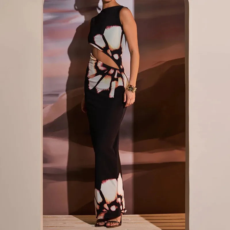 Hollow Sleeveless O-neck Floral Dress