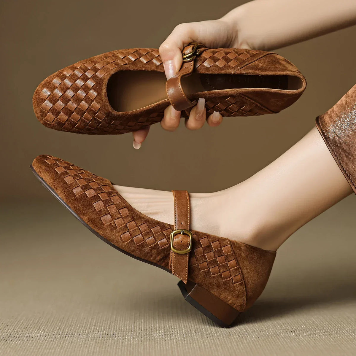 Woven Suede-Look Square Toe Buckle Strap Mary Jane Flats