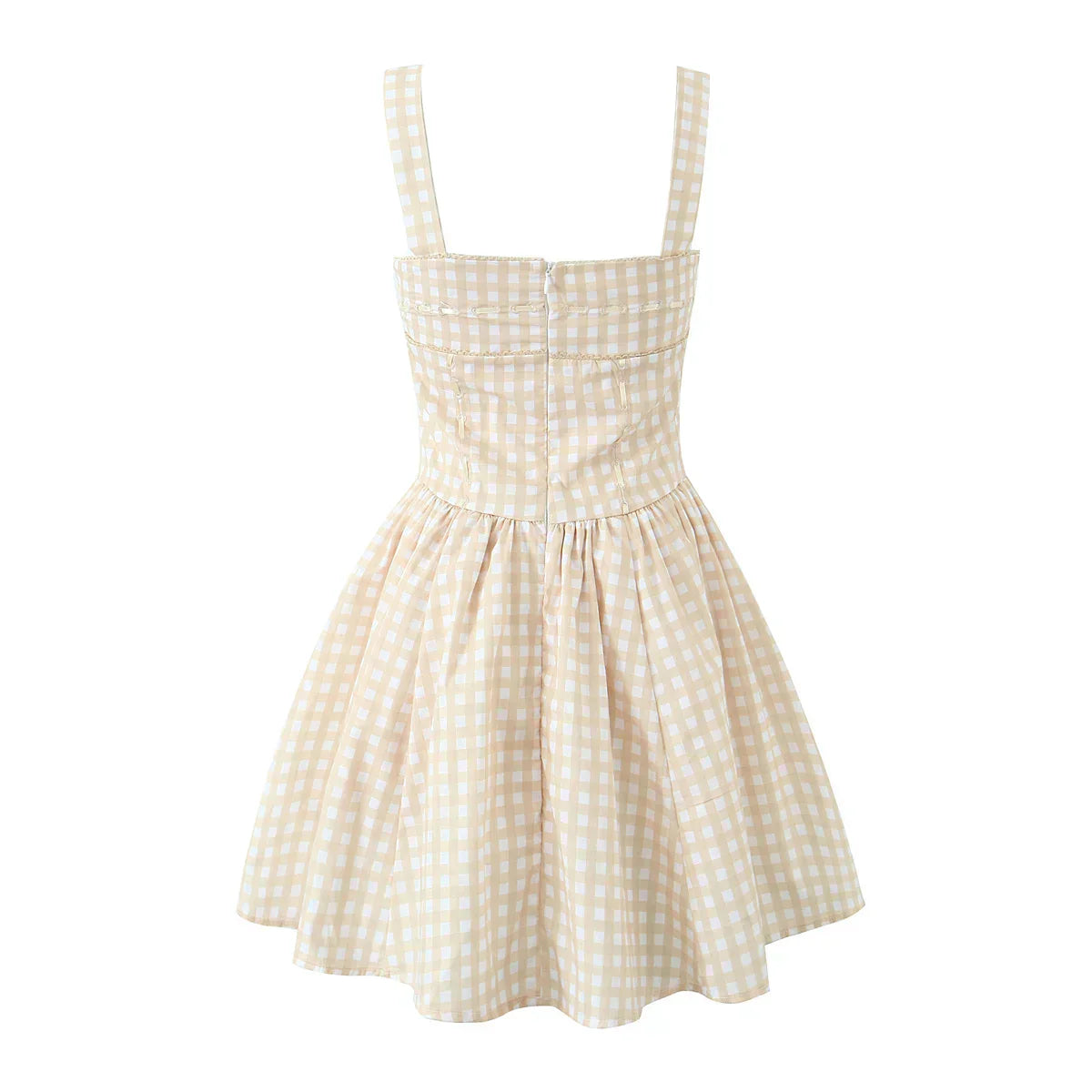 Gingham Print Square Neck Corset Paneled Pleated Fit and Flare Mini Dress