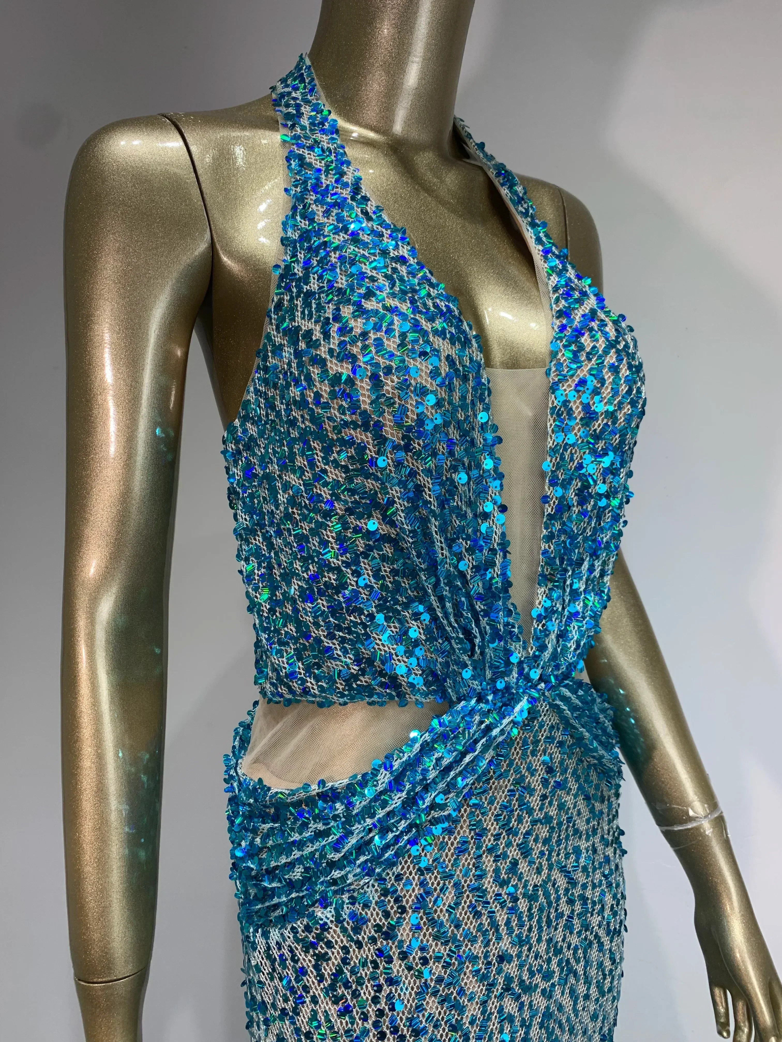 Sequin Halter Neck Deep V-Neck Cut Out Sheer Mermaid Gown