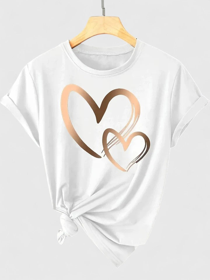 Heart Print Crew Neck Short Sleeve T-Shirt