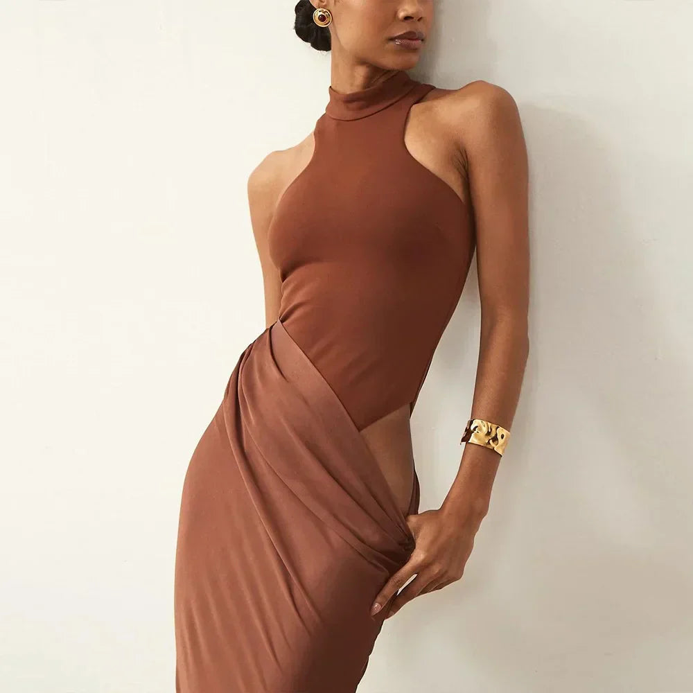 Halter Neck Sleeveless Ribbed Bodice Draped Waist Satin Maxi Gown