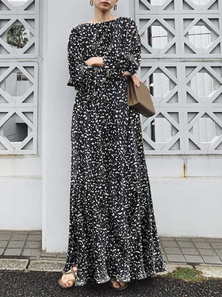 Speckle Print Boat Neck Long Sleeve A-Line Maxi Dress