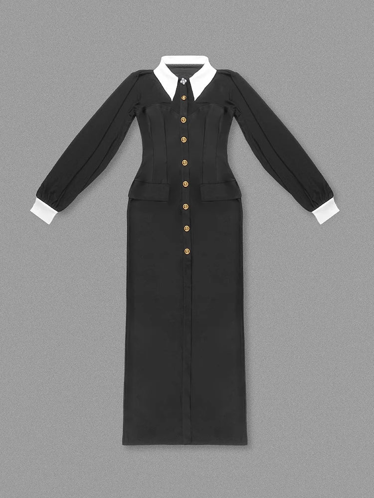 Mesh Long Sleeve Collared Button Front High Split Maxi Gown