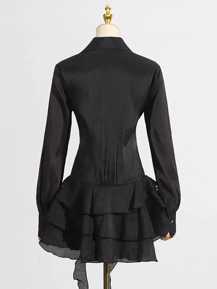 Appliques Ruffles Draped Long Sleeve Dress
