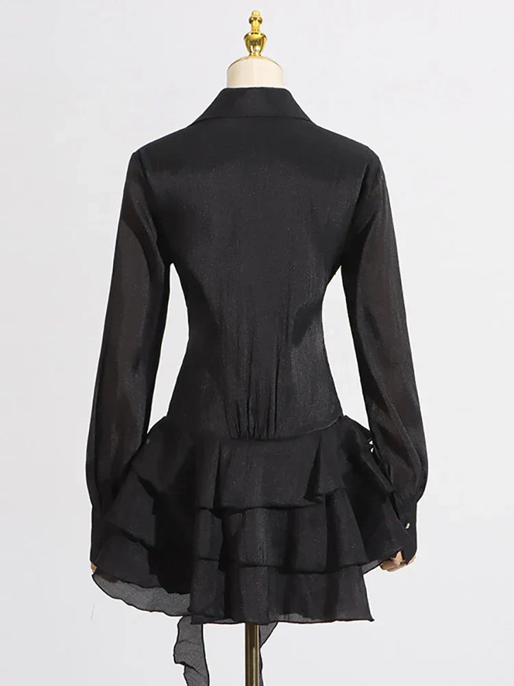Sheer Long Sleeve Wrap Shirt Collar Rosette Tiered Ruffle Mini Dress
