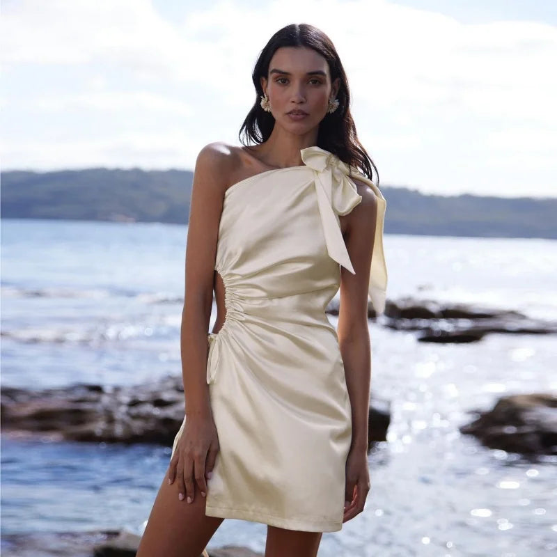 Satin Halter Neck Bow Tie Side Cut Out Ruched High Split Mini Dress