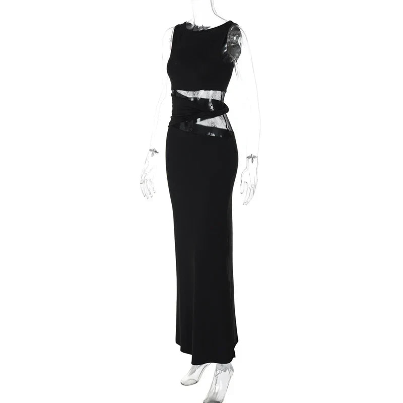 Asymmetric Neck Cap Sleeve Lace Waist Panel Bodycon Maxi Dress 13