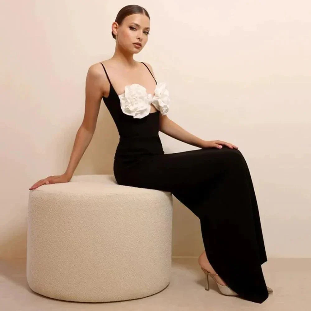 Spaghetti Strap 3D Floral Applique Bodycon Maxi Dress