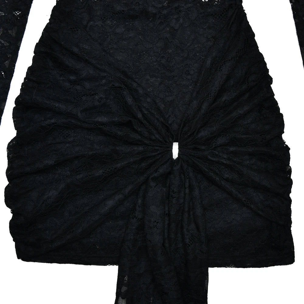 Lace Long Sleeve High Neck Ruched Bodycon Mini Dress