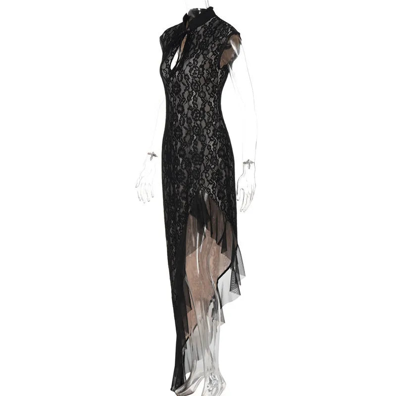 Mesh Lace Ruffled Black Hollow Out Long Dress - View 7