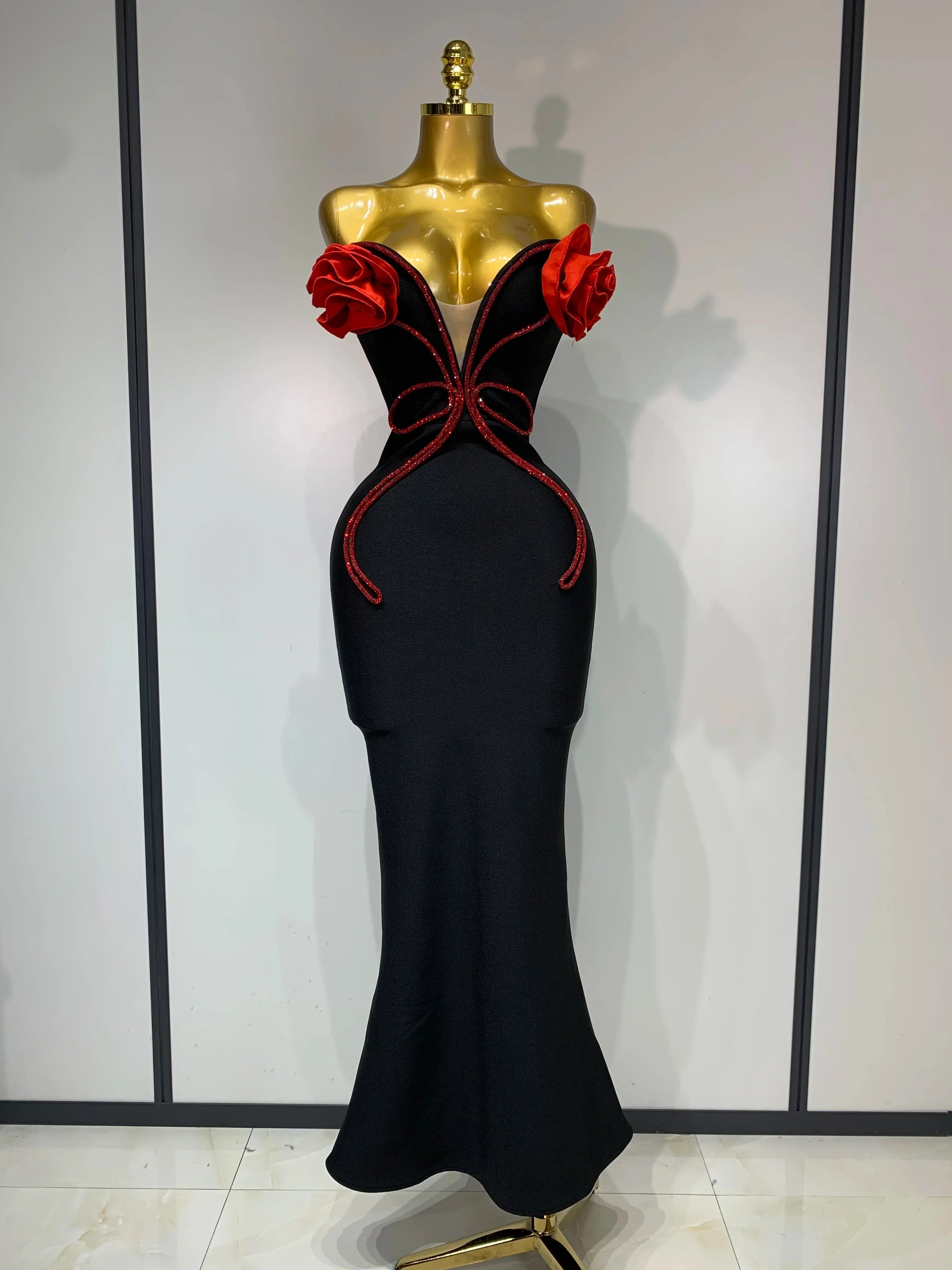 Sexy Strapless Flower Appliques Sexy Diamond Bodycon Bandage Mermaid Dress Celebrity Evening Runway Party Club Birthday Dress black