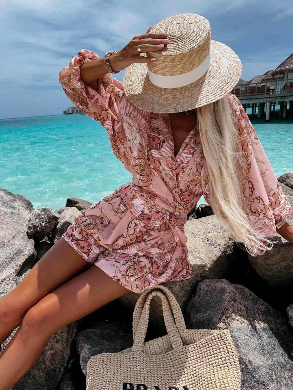 Floral Print Wrap Long Sleeve Ruffle A-Line Midi Dress