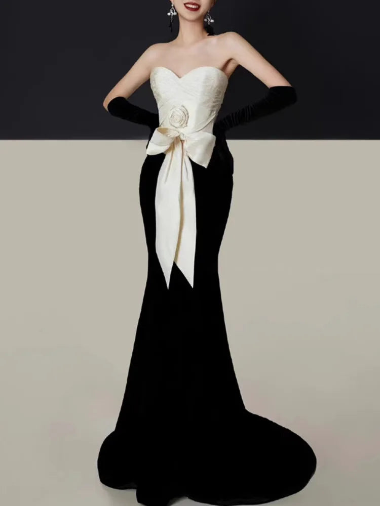 Velvet Strapless Sweetheart Bow Waist Patchwork Mermaid Maxi Gown