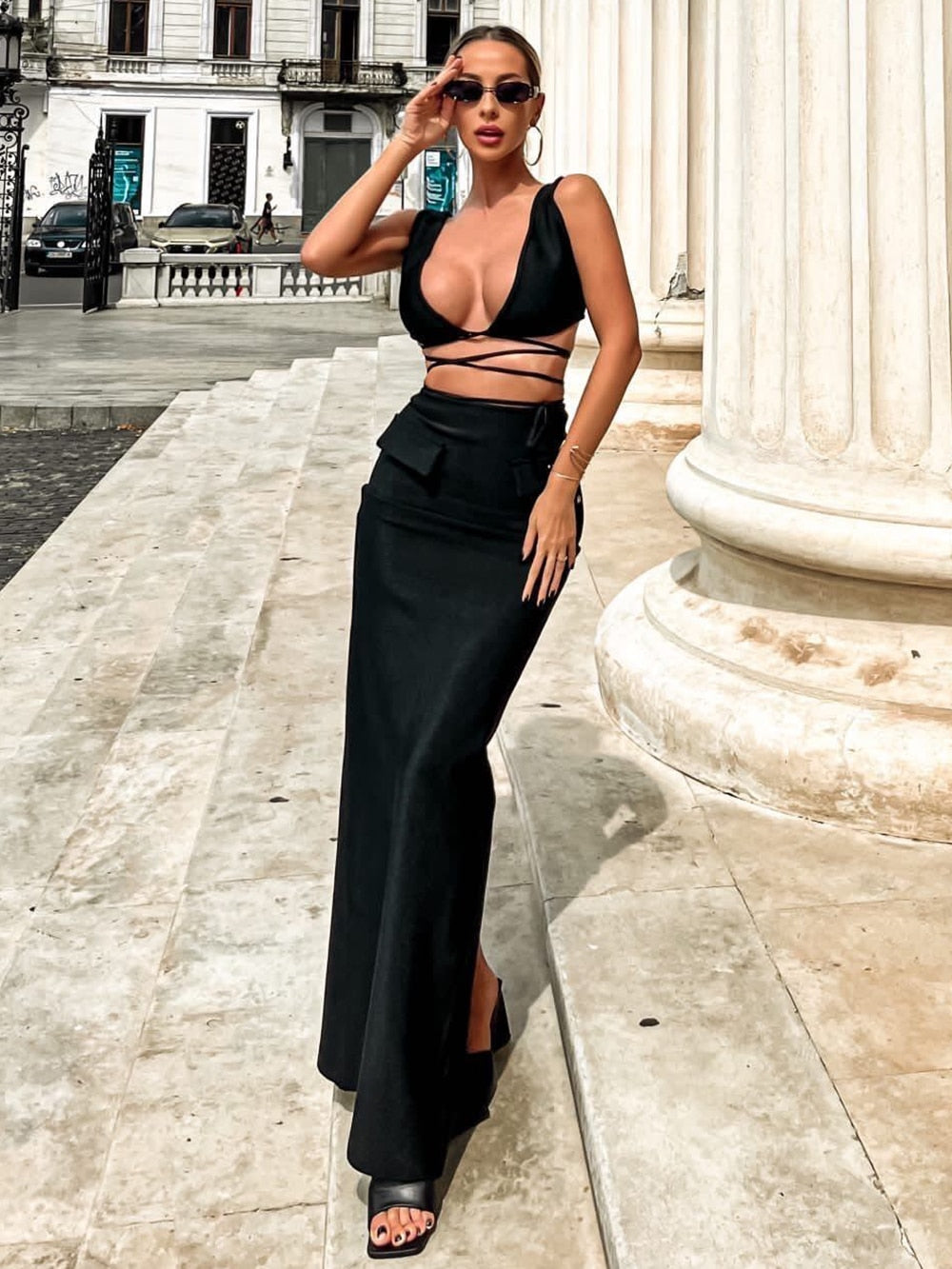 Deep V-Neck Wrap Tie Crop Top and Maxi Skirt Two Piece Set