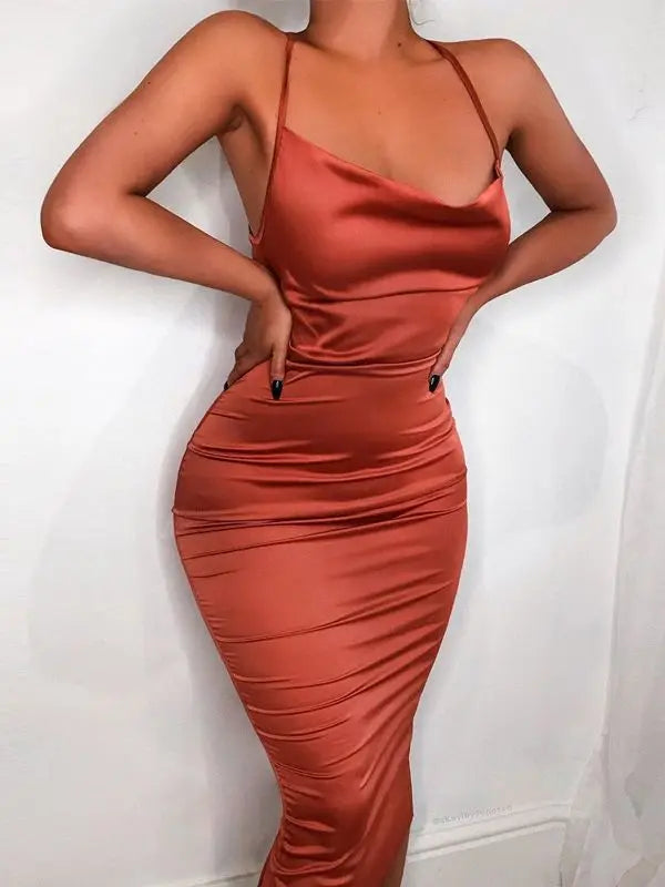 Neon Satin Lace Up Backless Midi Dress - View 11
