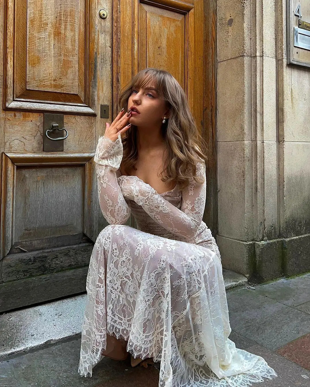 Floral Lace Scoop Neck Spaghetti Strap Ruched Long Sleeve Bodycon Maxi Dress