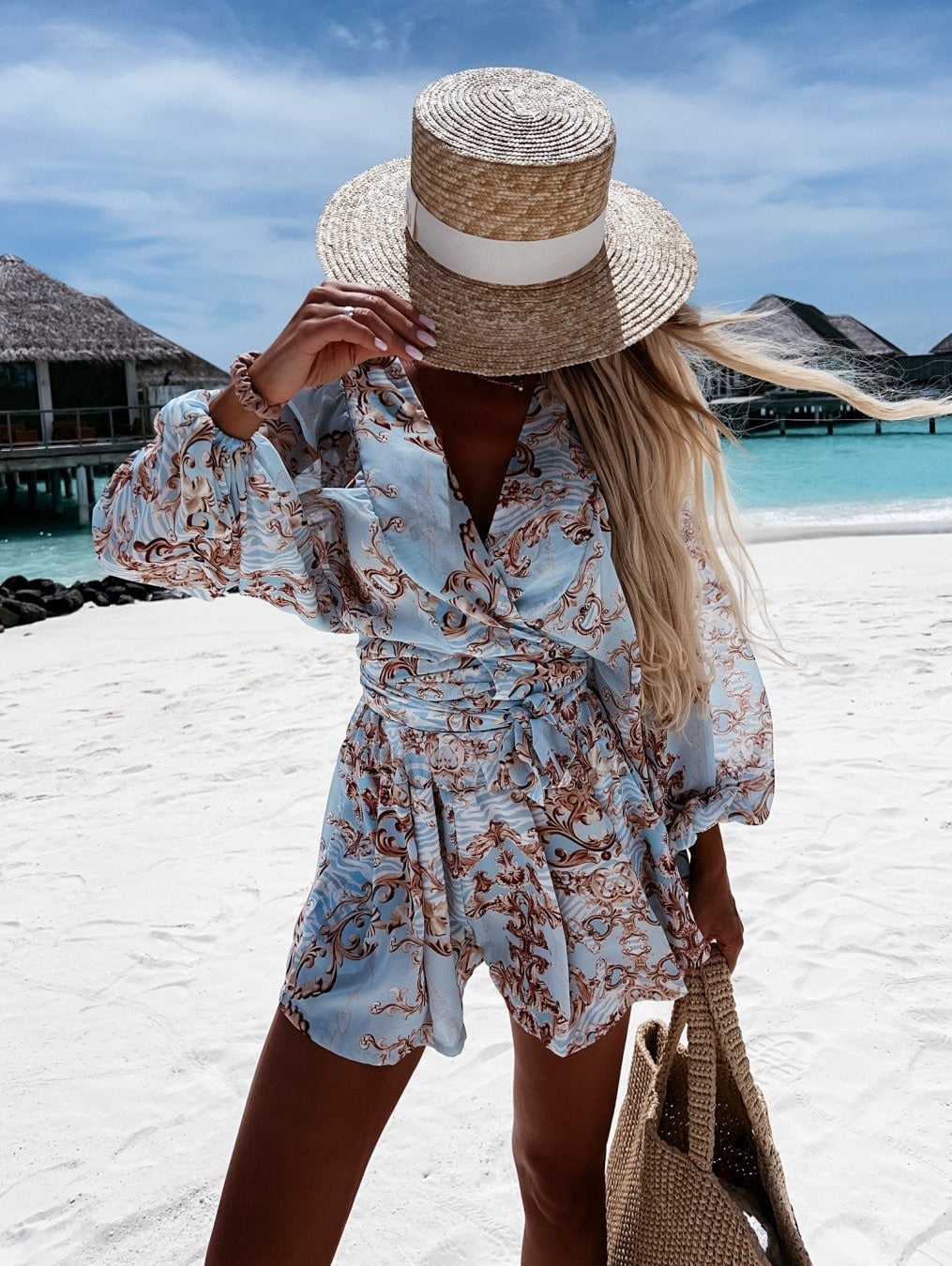 Floral Print Wrap Long Sleeve Ruffle A-Line Midi Dress