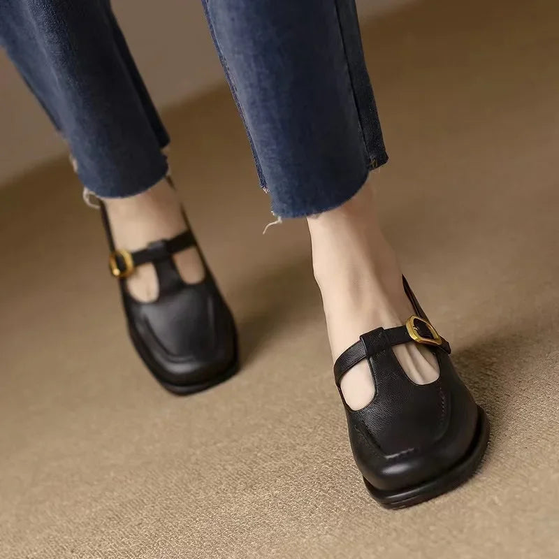 Square Toe T-Strap Buckle Mary Jane Flats