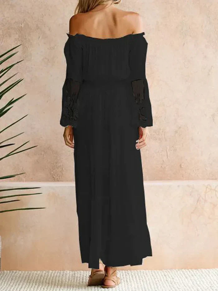 Off Shoulder Lace Bell Sleeve Smocked Tiered Chiffon Maxi Dress