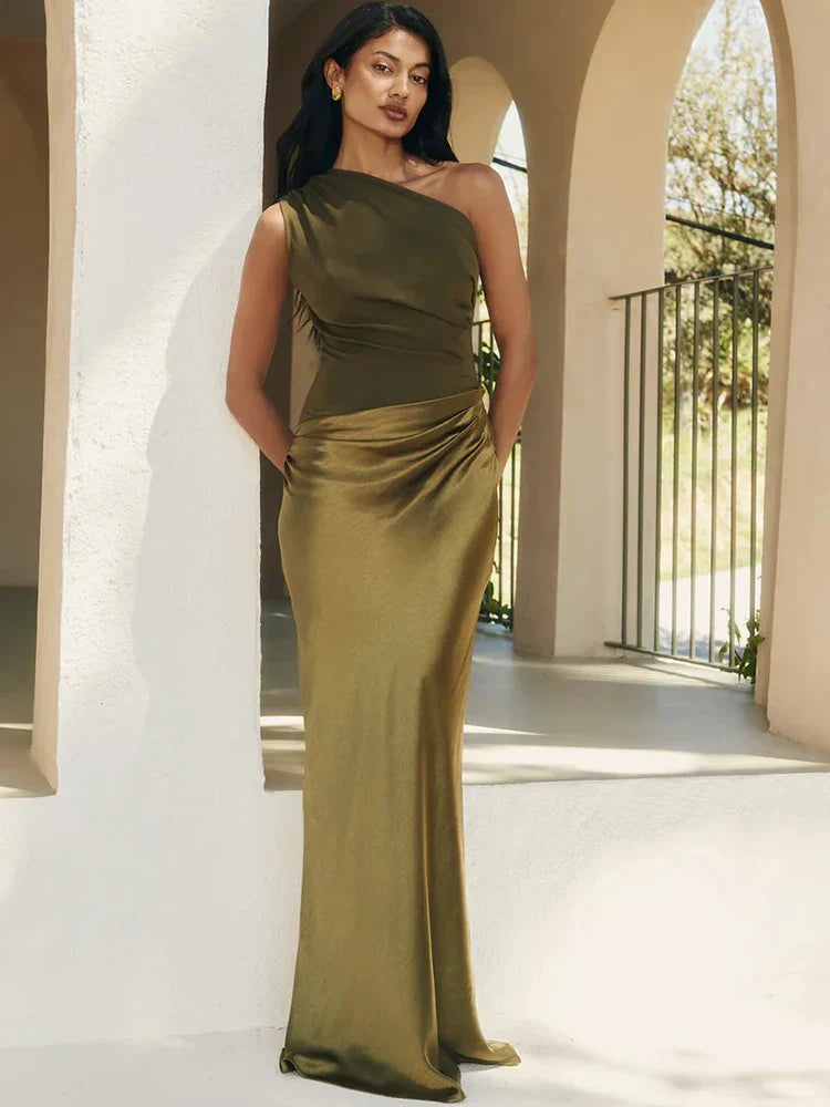 PAULINA SATIN ONE SHOULDER DRESS Green