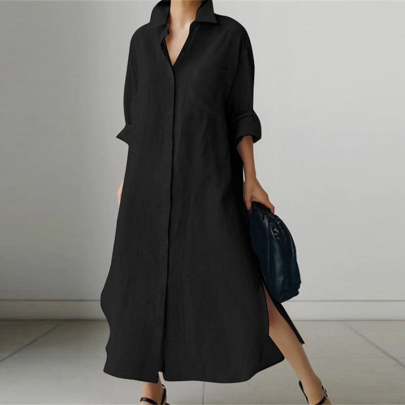 Collared Button Front Patch Pocket High Split Shirt Maxi Dress