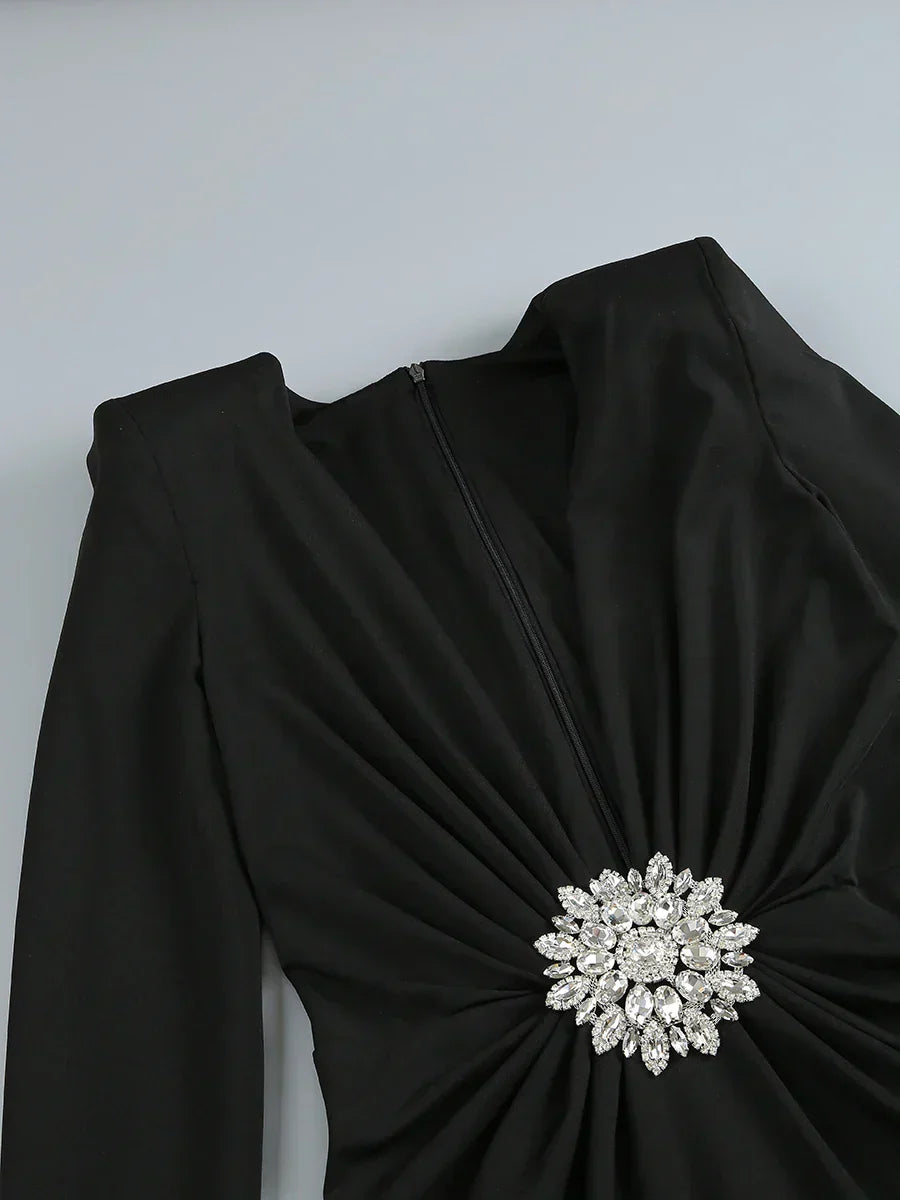 Rhinestone Deep V-Neck Long Sleeve Ruched Waist Column Maxi Gown