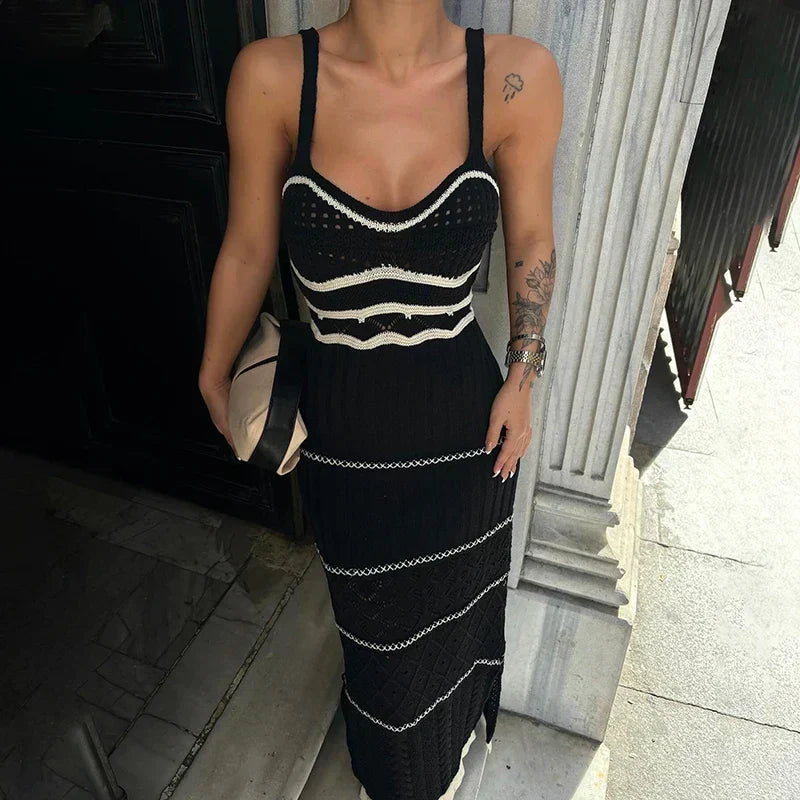 Knit Spaghetti Strap Cut Out High Split Bodycon Maxi Dress