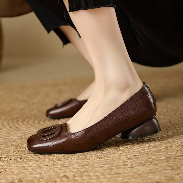 Square Toe Rosette Block Heel Ballet Flats