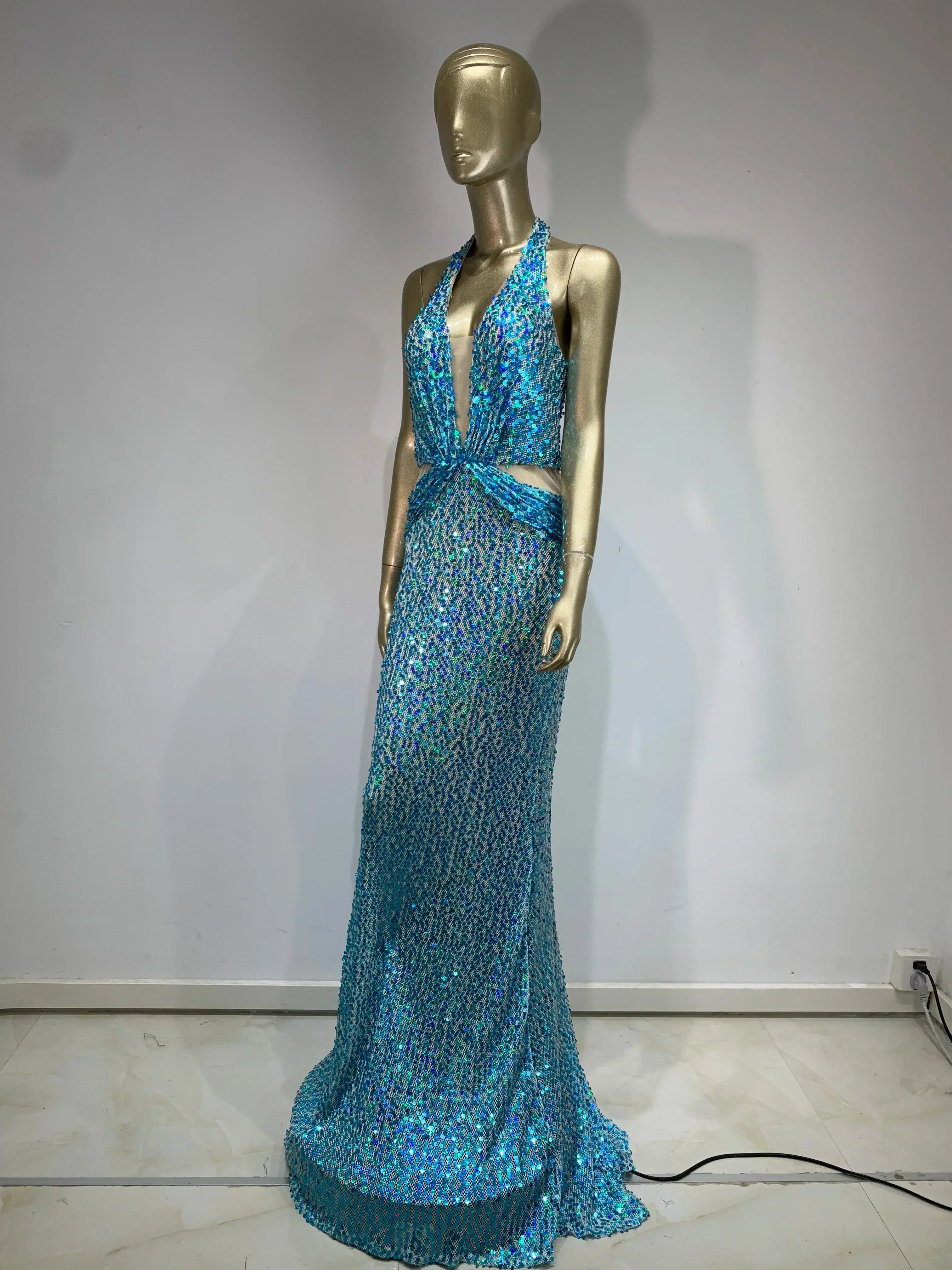 Sequin Halter Neck Deep V-Neck Cut Out Sheer Mermaid Gown