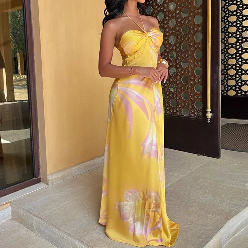 Satin Halter Neck Twist Front Slim Maxi Dress