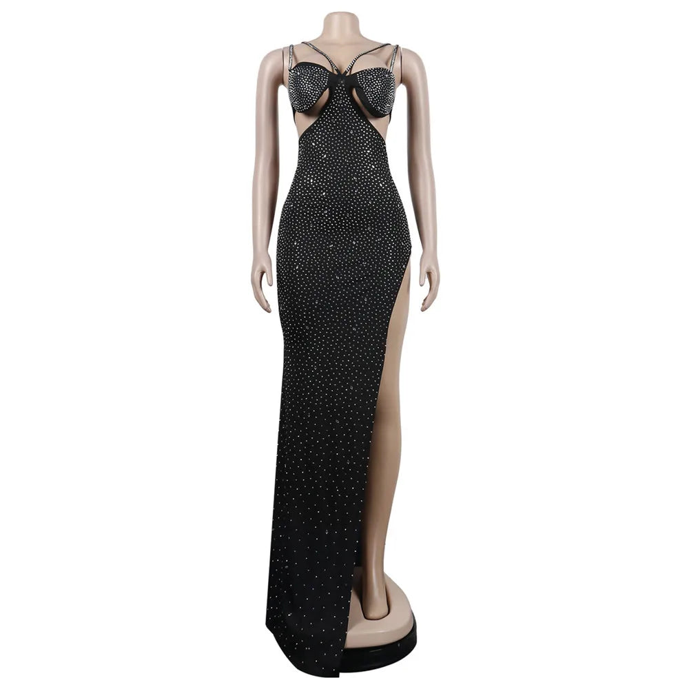 Spaghetti Strap Mesh Black Long Dress - View 6