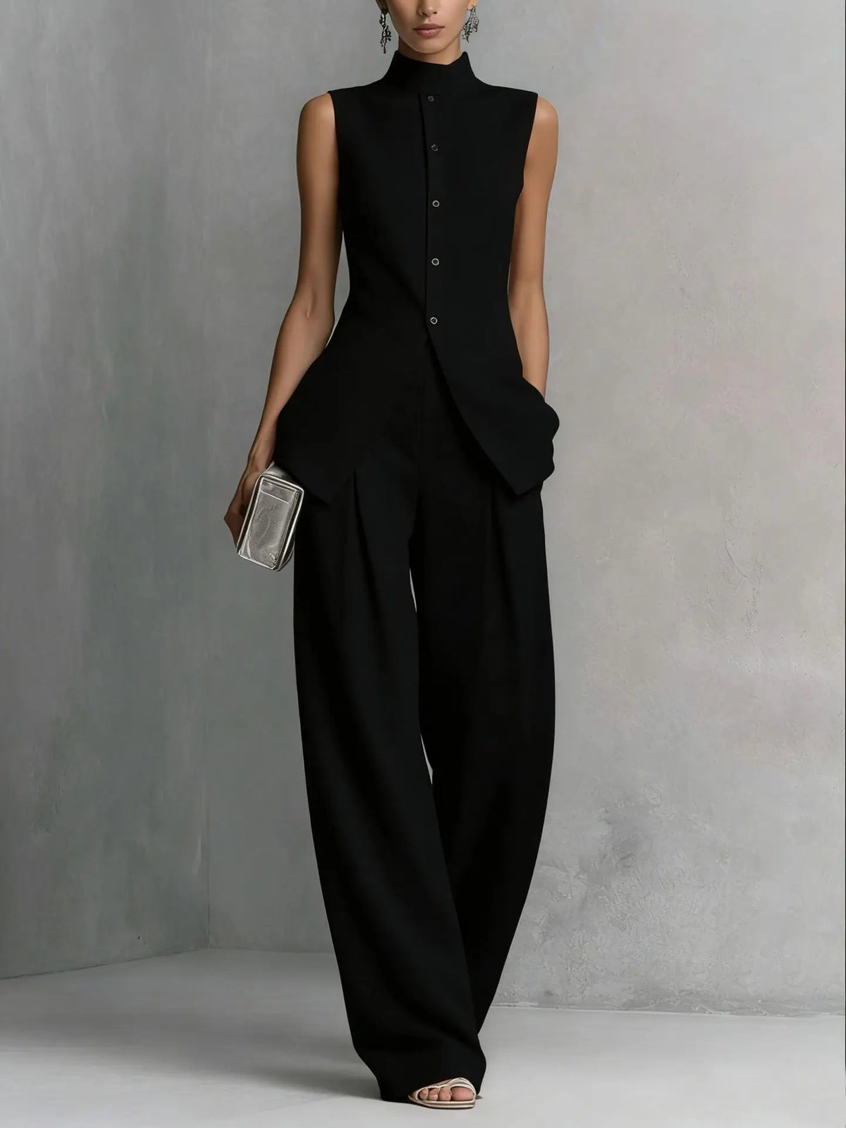 Sleeveless Mock Neck Top and Wide Leg Pants Two Piece Set
