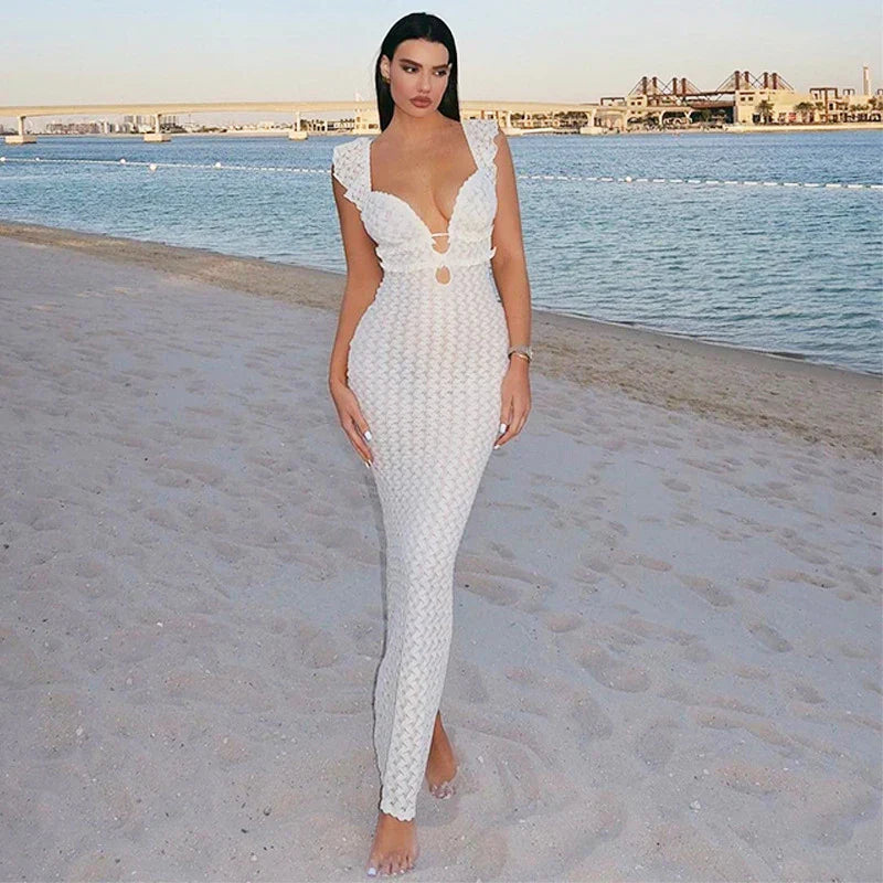 Lace Up Hollow Slim V-neck Maxi Dress - View 3