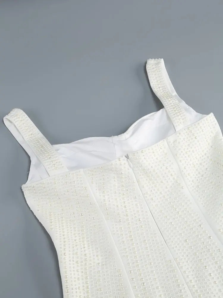 Faux Pearl Beaded Square Neck Spaghetti Strap Bodycon Mini Dress 8